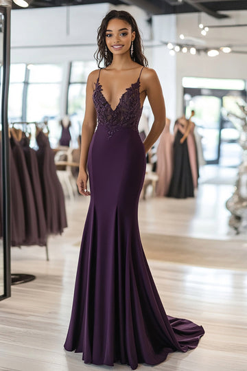 Dentelle Satin Violet Foncé Fourreau Col V Profond Col M Robe de Bal